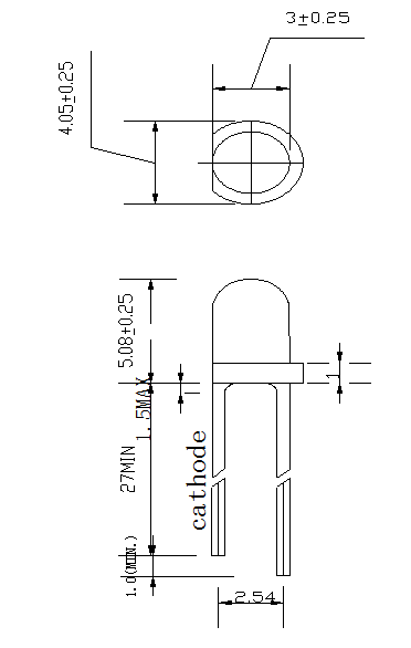 3.0MM直插式發光二極管尺寸圖