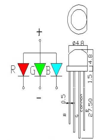 5.0mm小草帽RGB四腳LED燈珠尺寸及電路圖