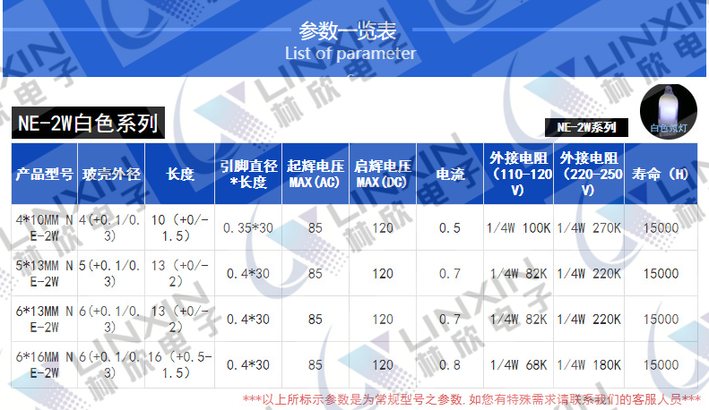 林欣電子NE-2W白色氖燈參數表.png